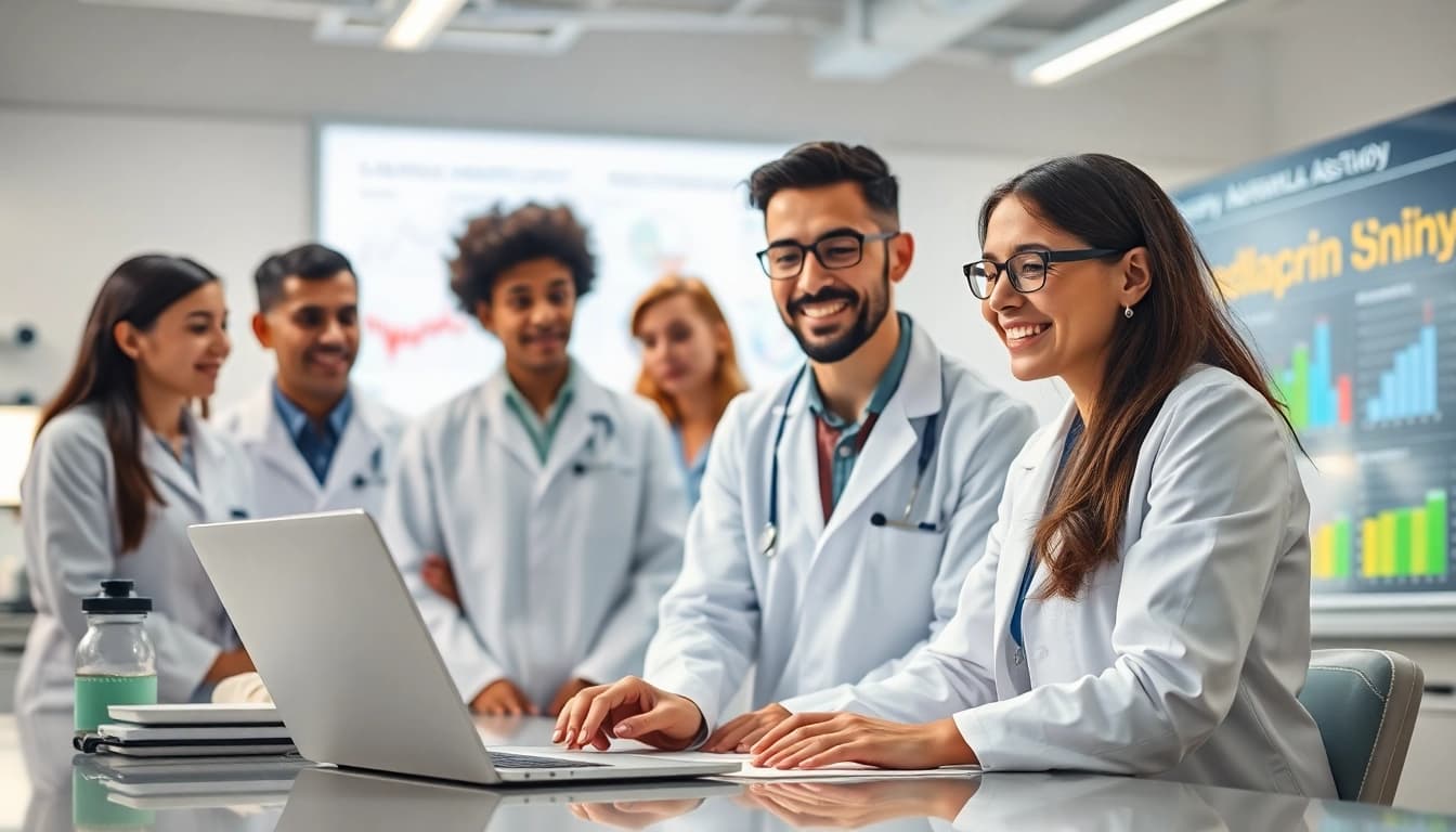 Collaborative team discussing the ADAPTABLE Aspirin Study in a modern lab setting.
