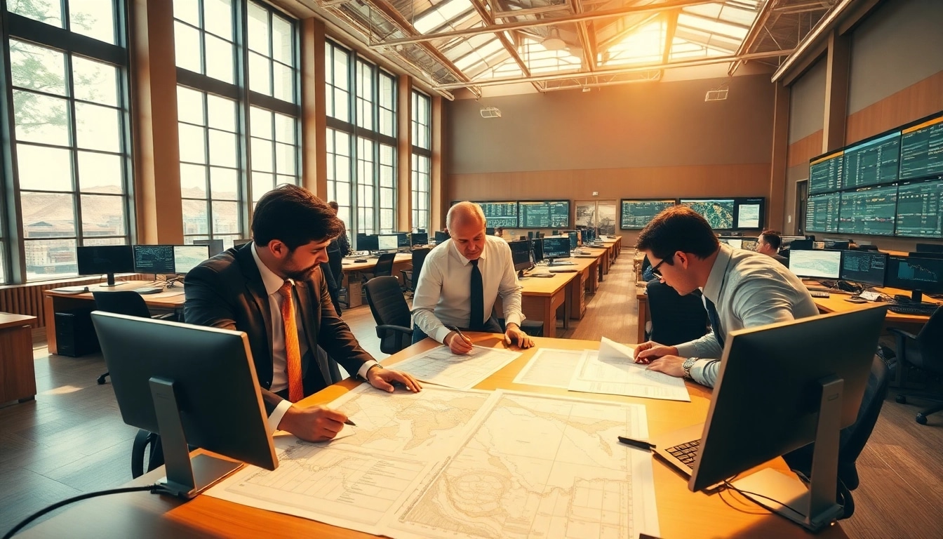 Traders and ore brokers collaborating in a professional trading office setting.