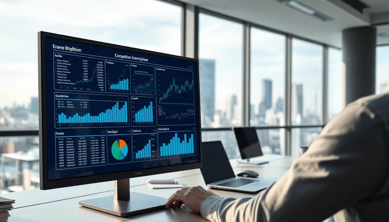 Monitor displaying competitive intelligence data in a modern office setting.