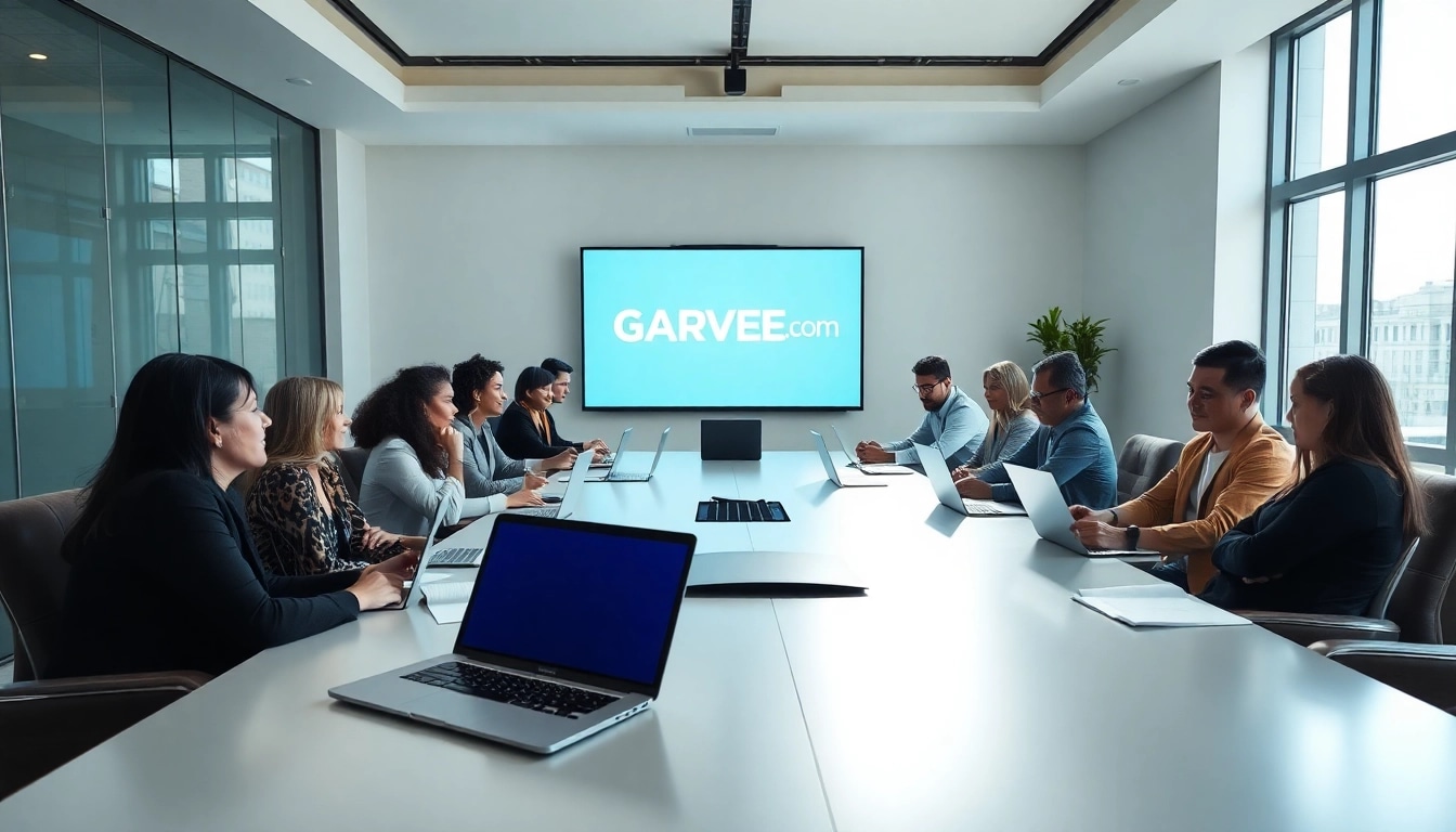 Engaging business meeting around GARVEE.com branding materials and tech devices.