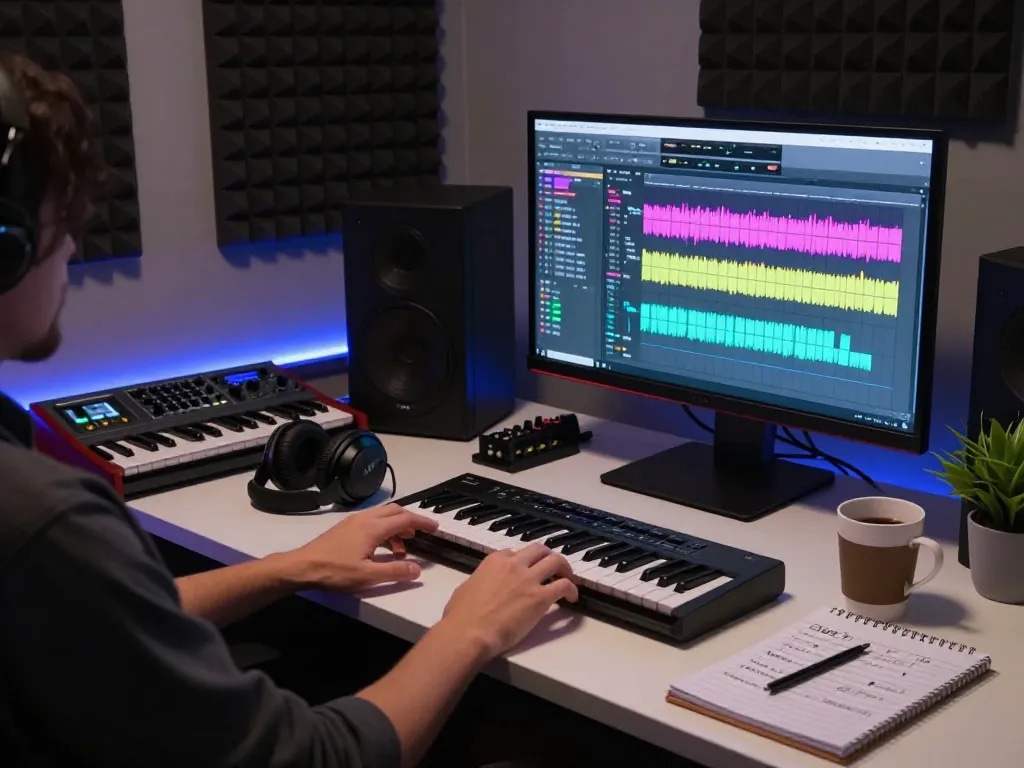Composer using SC88 sound module in a modern music studio with vibrant lighting and instruments.