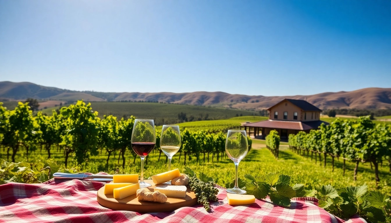 Tourists enjoying scenic landscape at the best wineries in California with vineyards in view.