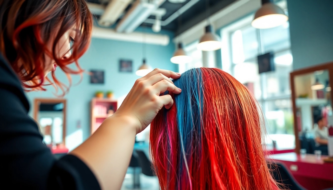 Hair color transformation in a salon vopsit bucuresti with a stylist applying dye.