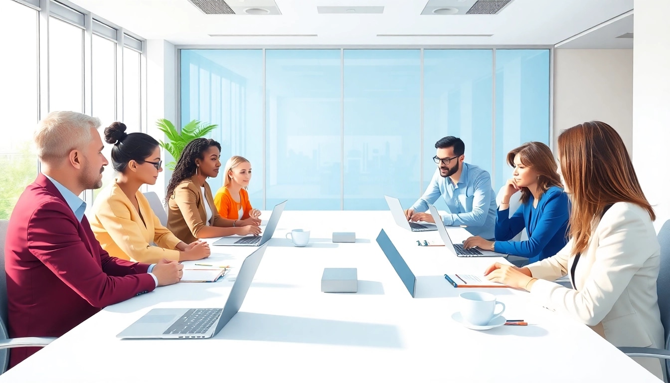 Business meeting illustrating diverse professionals collaborating in a modern office.