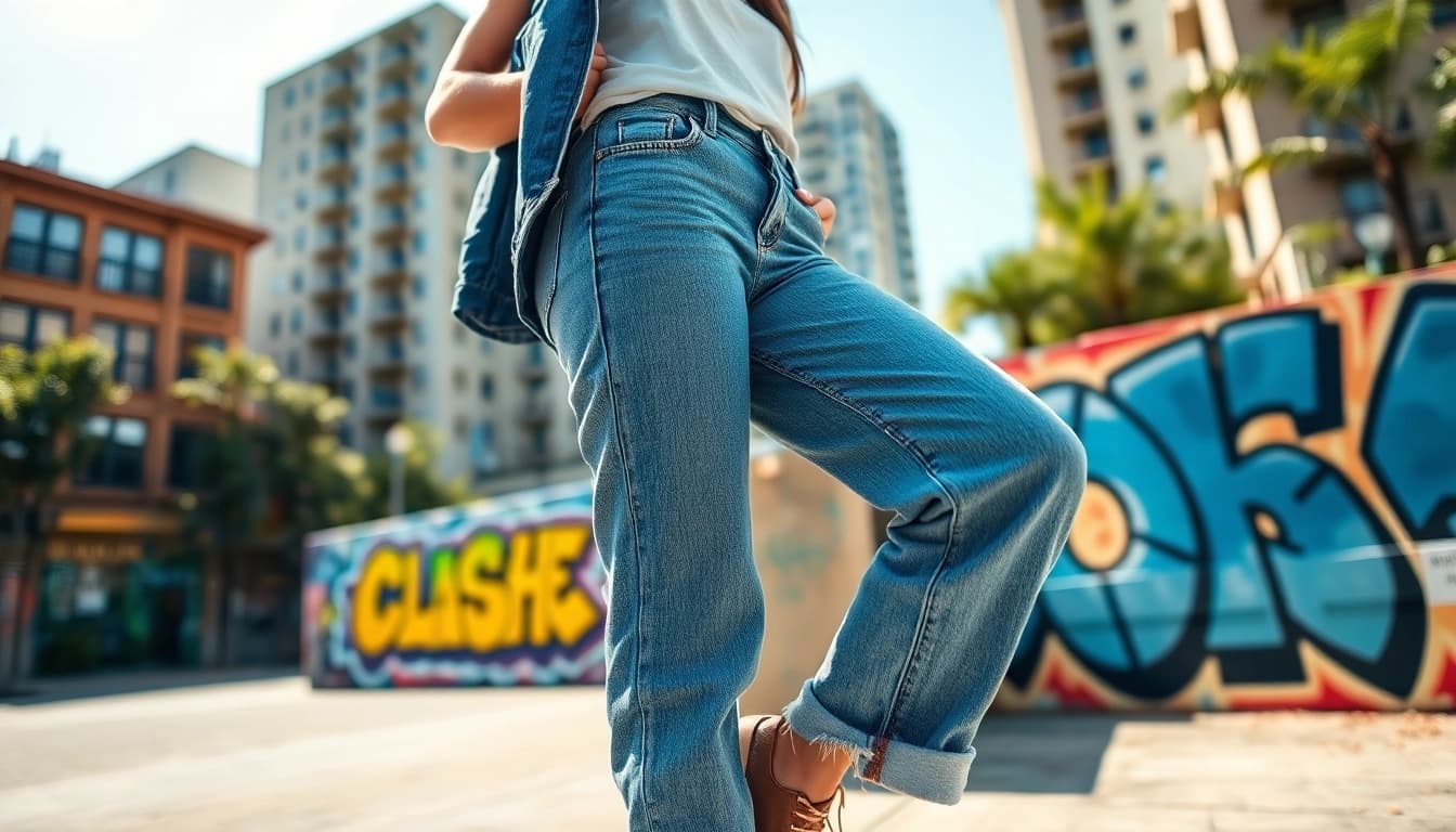 Stylish model wearing womens boyfriend jeans against a vibrant urban backdrop.