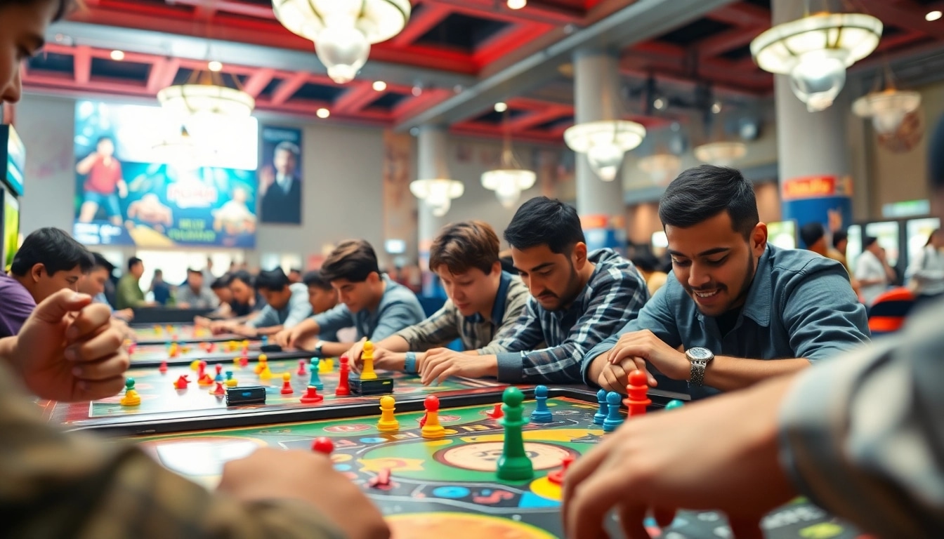 Engaged players competing in daman games with colorful boards and lively atmosphere.