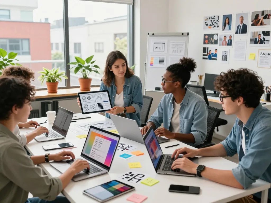 Collaboration in a freelance web designer Malaysia studio, showcasing design teamwork and creativity.