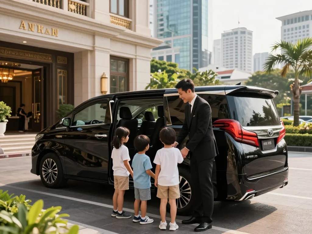 Gia đình chuẩn bị cho một chuyến đi sang trọng trong một chiếc Toyota Alphard tại Hồ Chí Minh, thể hiện trải nghiệm du lịch cao cấp.