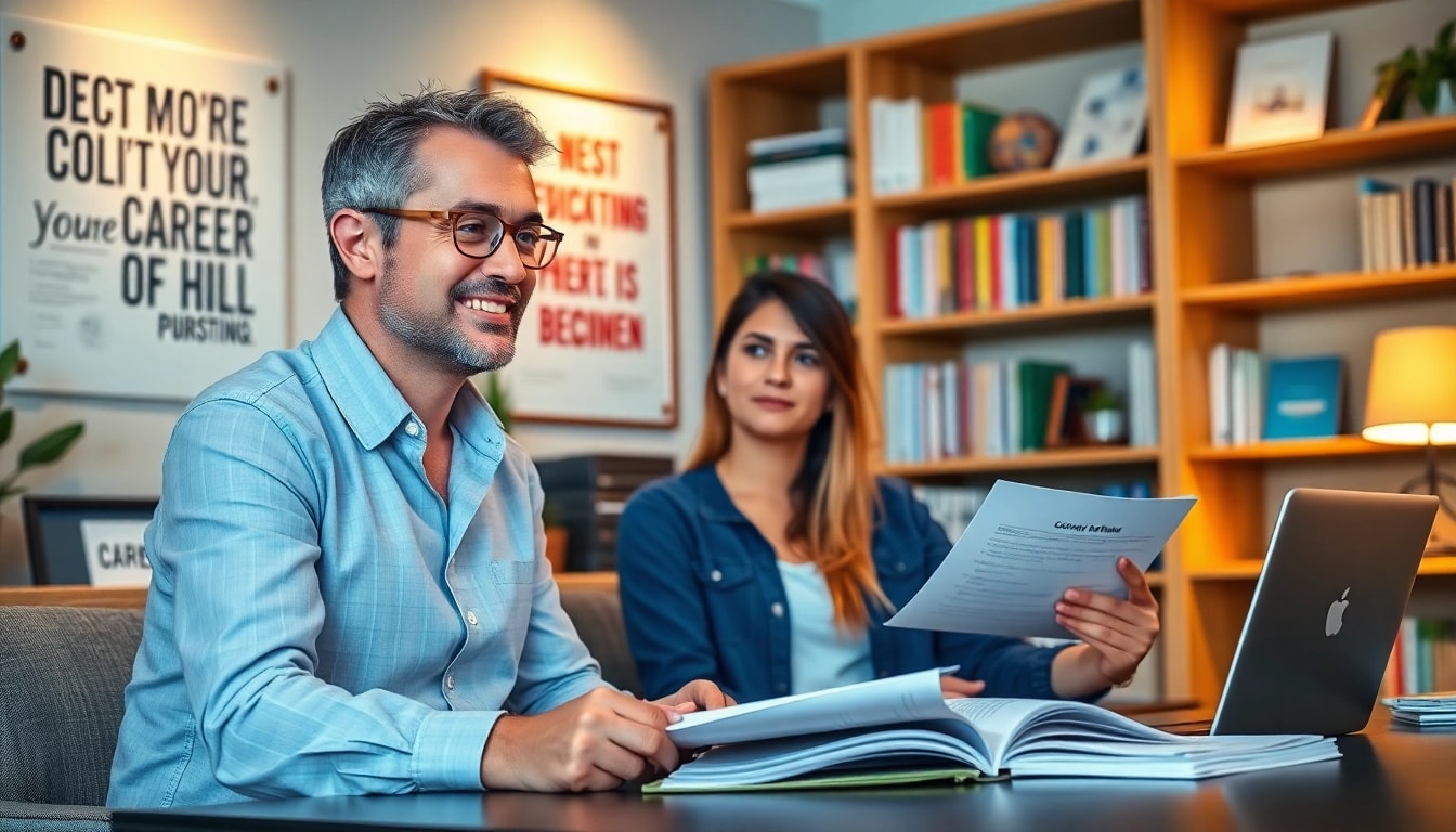 Find my true calling in a career counseling session, highlighting a supportive office environment.