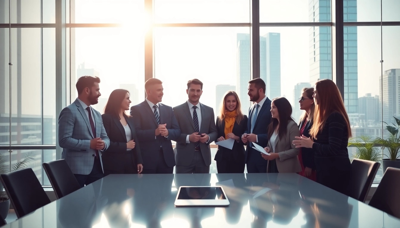 Business meeting in a modern office with a diverse team collaborating on strategies.