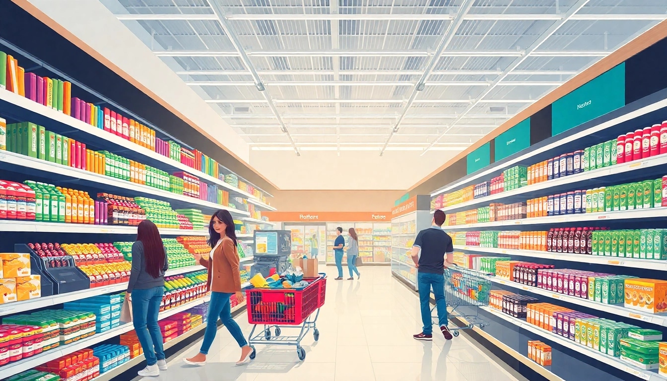 Showcasing modern trade in a vibrant supermarket with organized displays and active shoppers.
