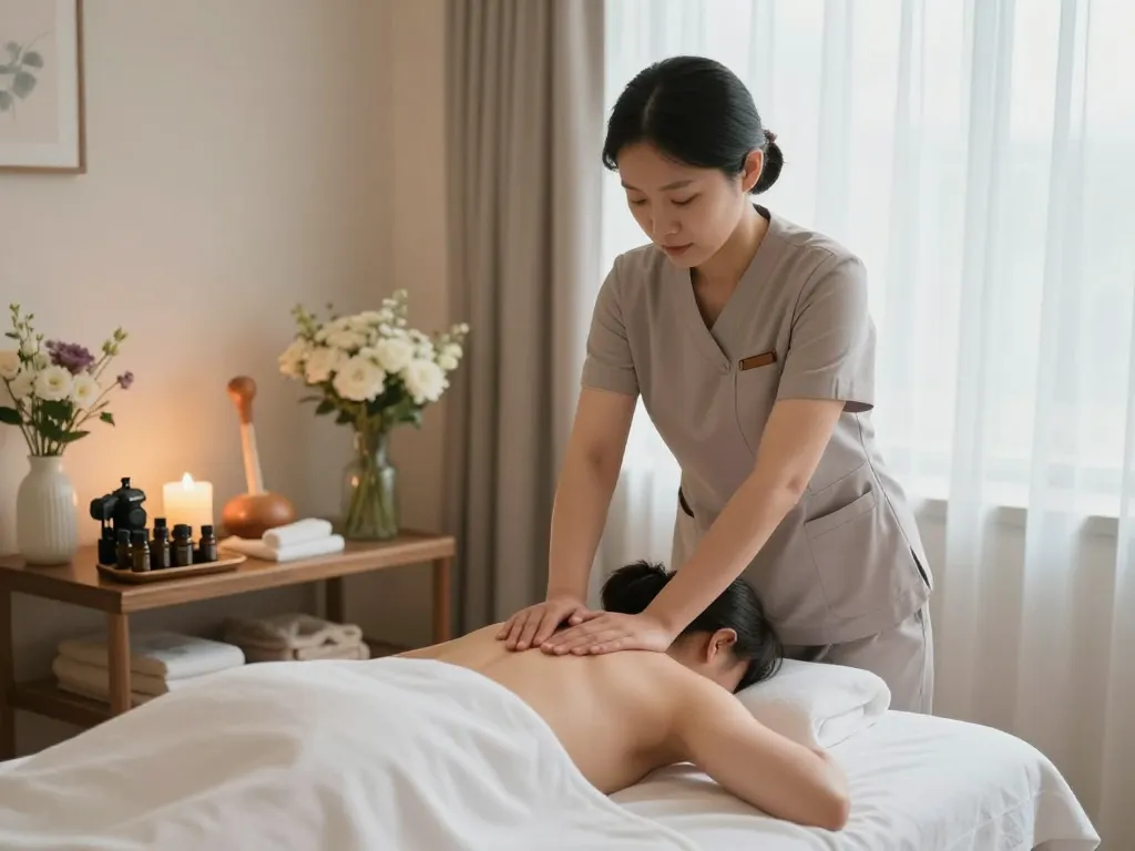 편안한 마사지를 제공하는 치료사가 있는 평온한 서초스웨디시 마사지 치료 장면.