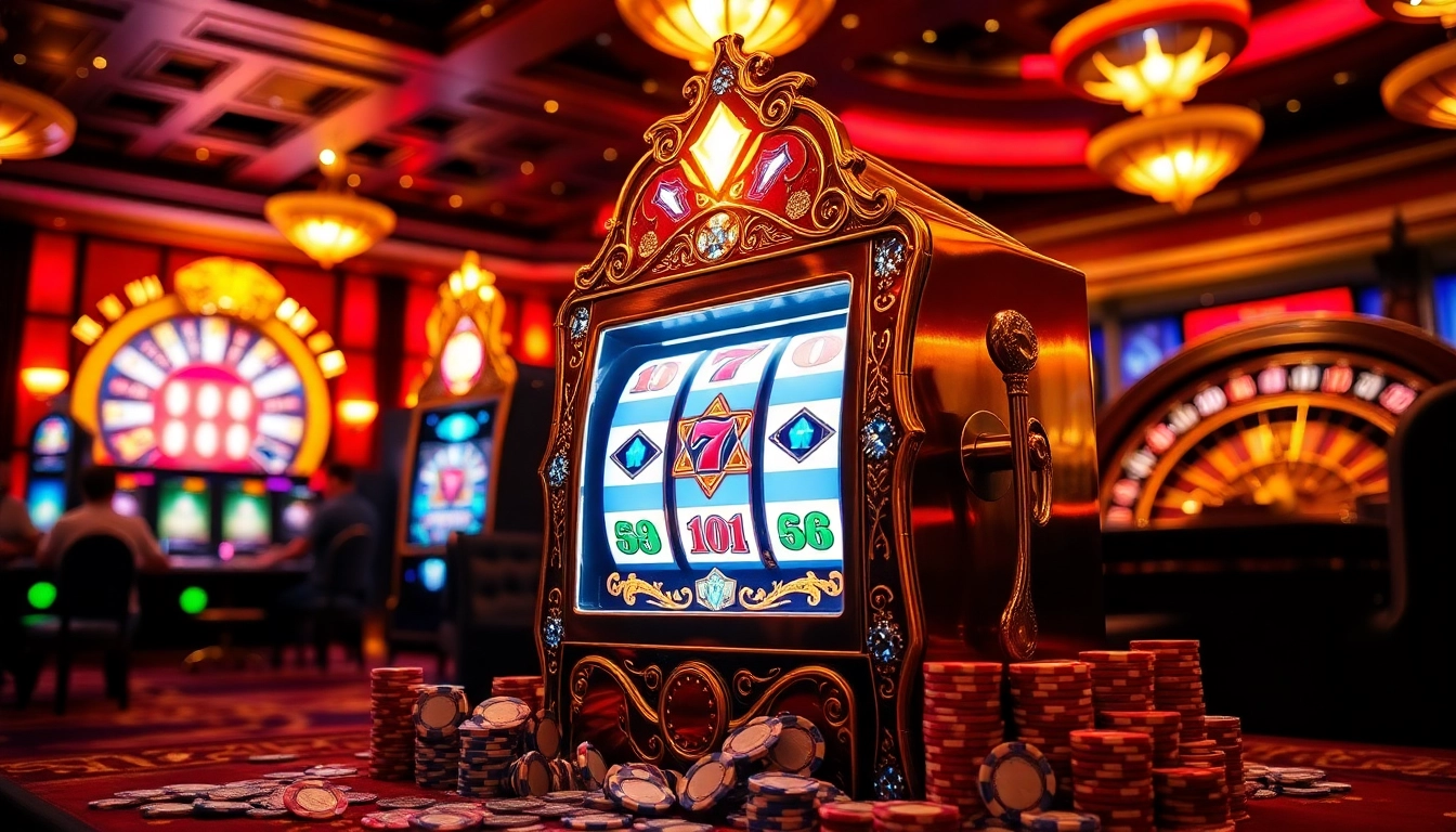 Slot machine gleaming amid vibrant casino lights, captivating players with excitement.