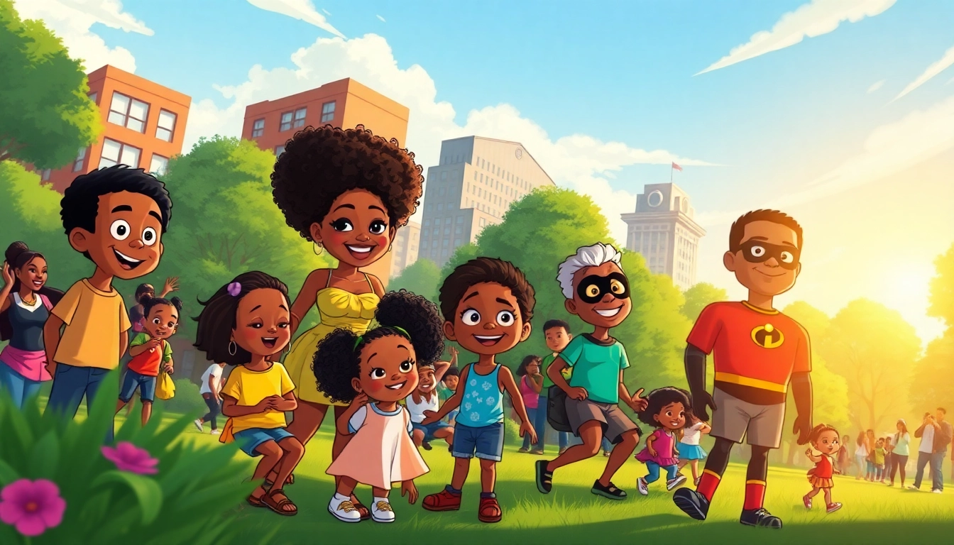 A colorful scene featuring African American Cartoons characters engaging with children, showcasing joyful interaction and diversity.