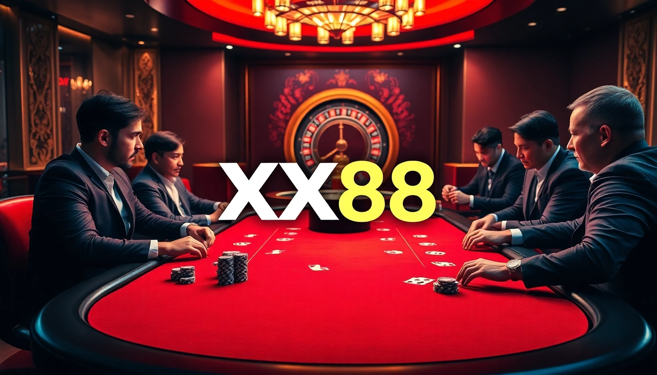 Players at an XX88 poker table experience excitement in a luxurious casino setting.