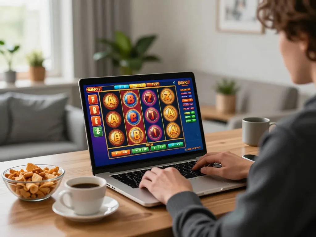 Engaging session on BUKA77 gaming platform with a player immersed in slot action at home.
