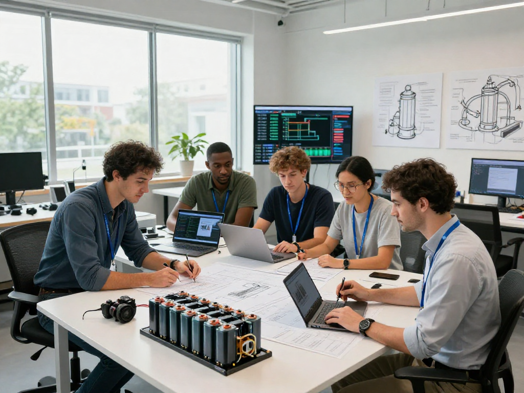 Battery pack design and manufacturing team collaborating in an innovative engineering workspace with prototypes and blueprints.