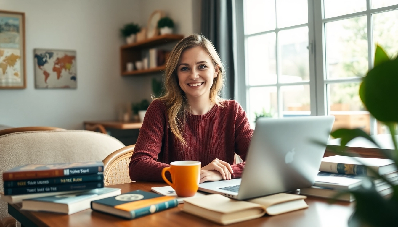 Engaging scene of a UK Lifestyle Blog creator at a café, inspiring creativity.