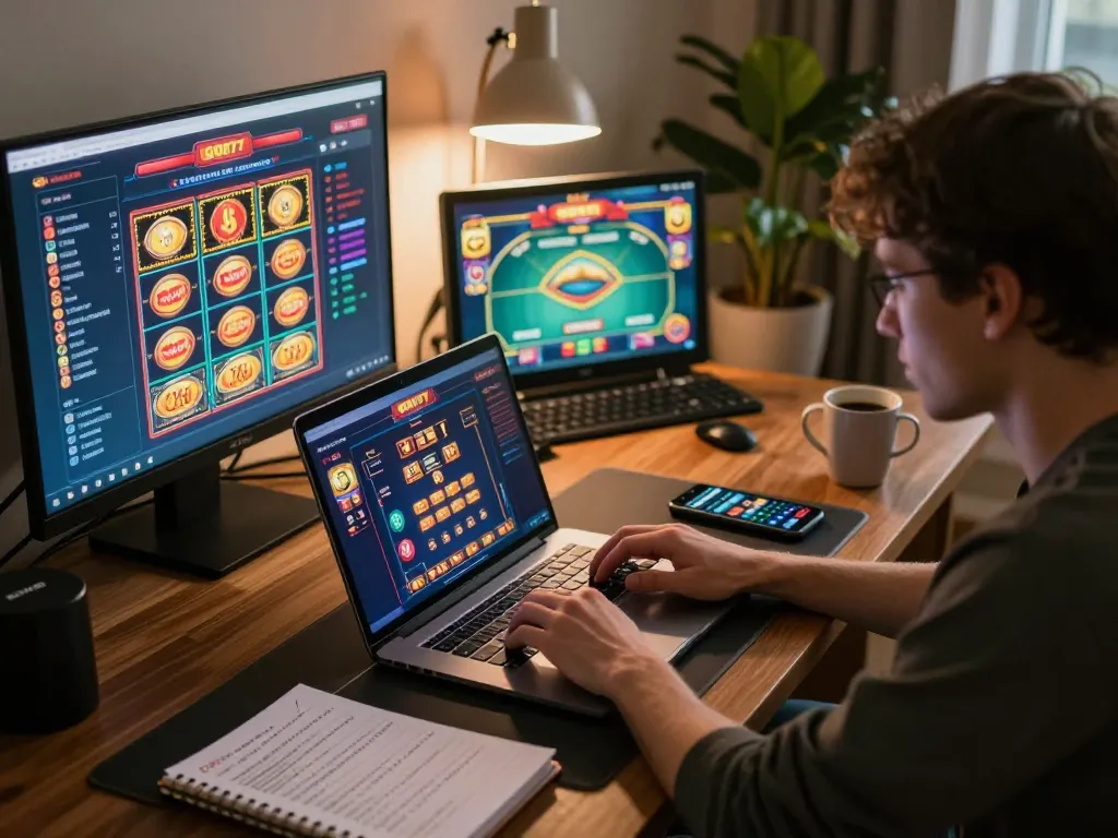 Engaged player using gori77 online casino on laptop, showcasing strategic gameplay in a cozy home office