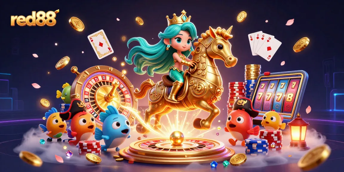 Experience the excitement of red88 casino with a vibrant 3D illustration showcasing dynamic gaming elements.