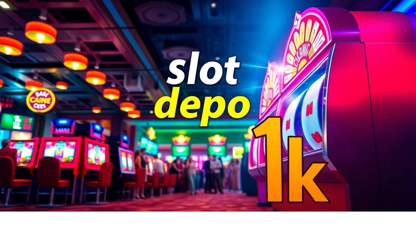 Menyentuh tema slot depo 1k dengan mesin slot berkilau dan atmosfer kasino yang hidup.