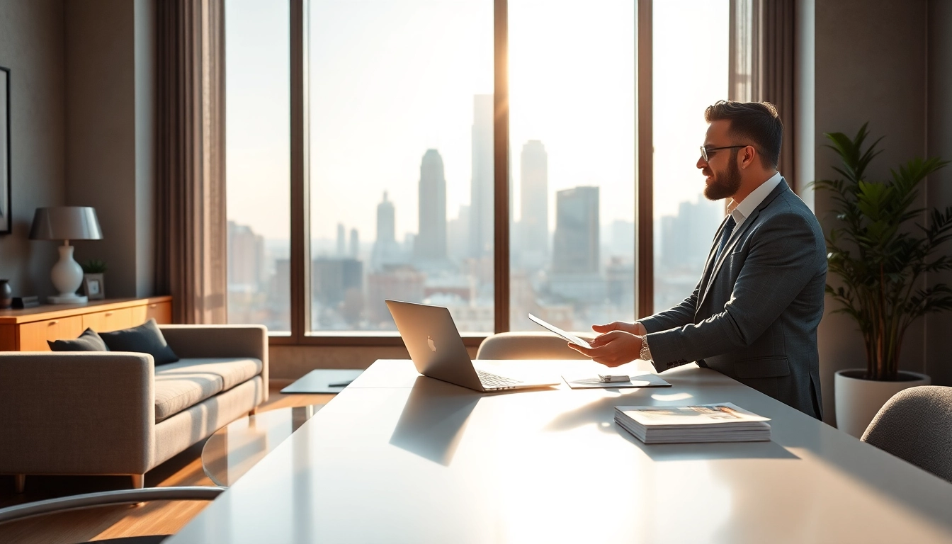 Real Estate agent engaging with clients in a well-lit modern office setting.