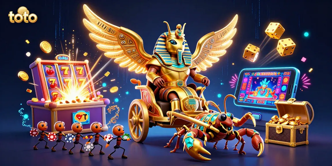 Engage in thrilling toto casino gameplay with a vibrant illustration of a golden scarab beetle in action.
