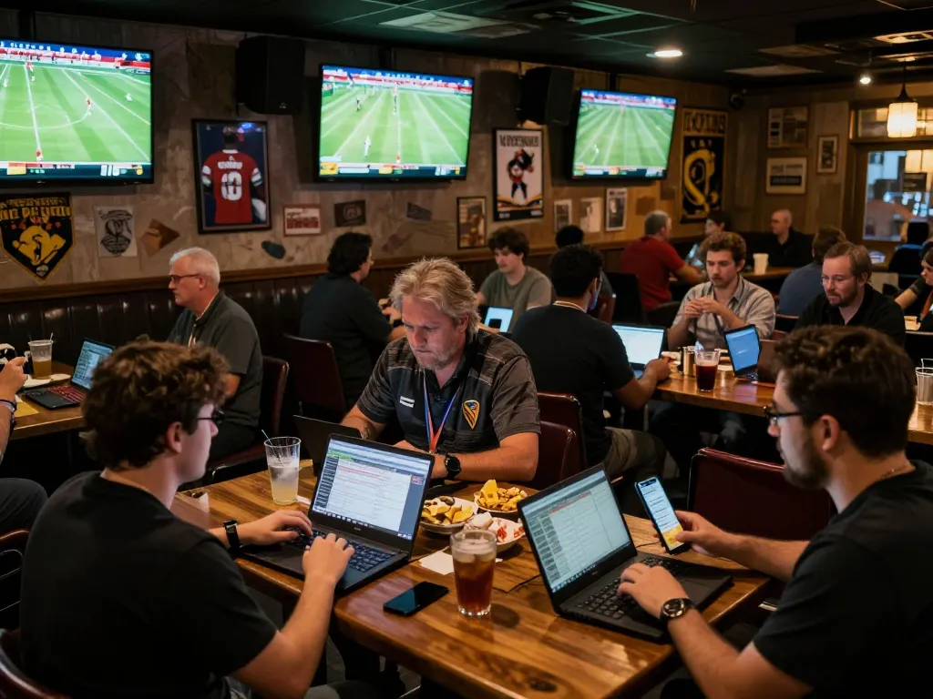 Soi Kèo sports betting scene with fans engaged in live betting at a vibrant sports bar