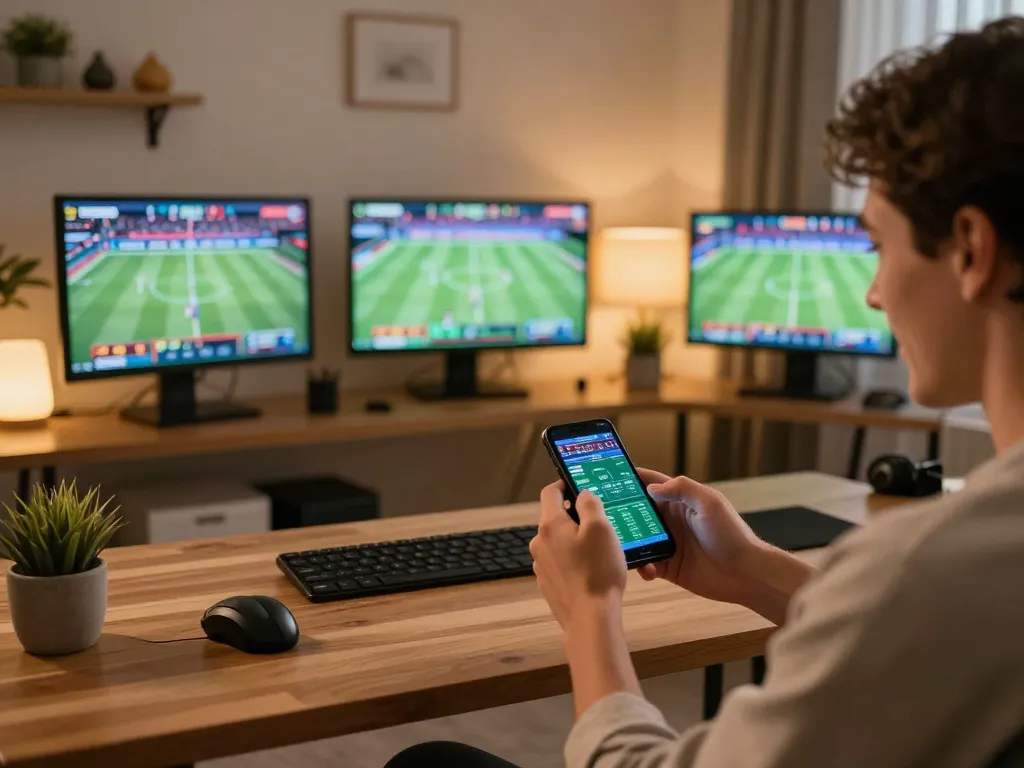 Experience thrilling sports betting with cm88-yu on a smartphone in a stylish home office.