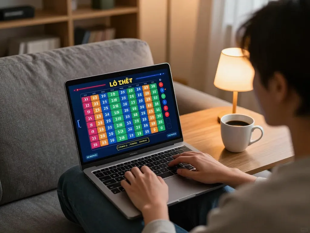 Lô đề online betting via laptop with warm home ambiance and personalized décor.