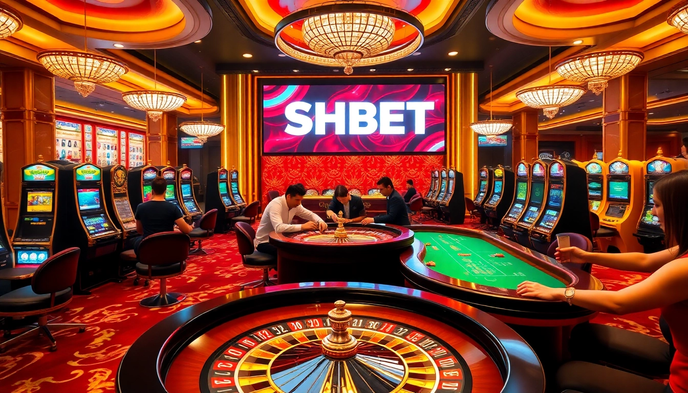 Action-packed casino scene featuring shbet, roulette wheel, and eager players.