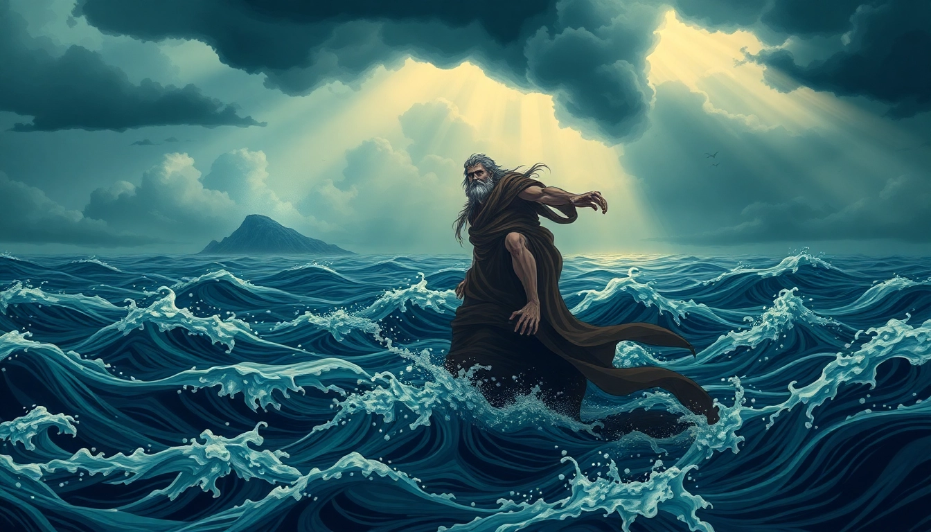 Illustration depicting odyssey meaning origin with Odysseus in a turbulent maritime setting.