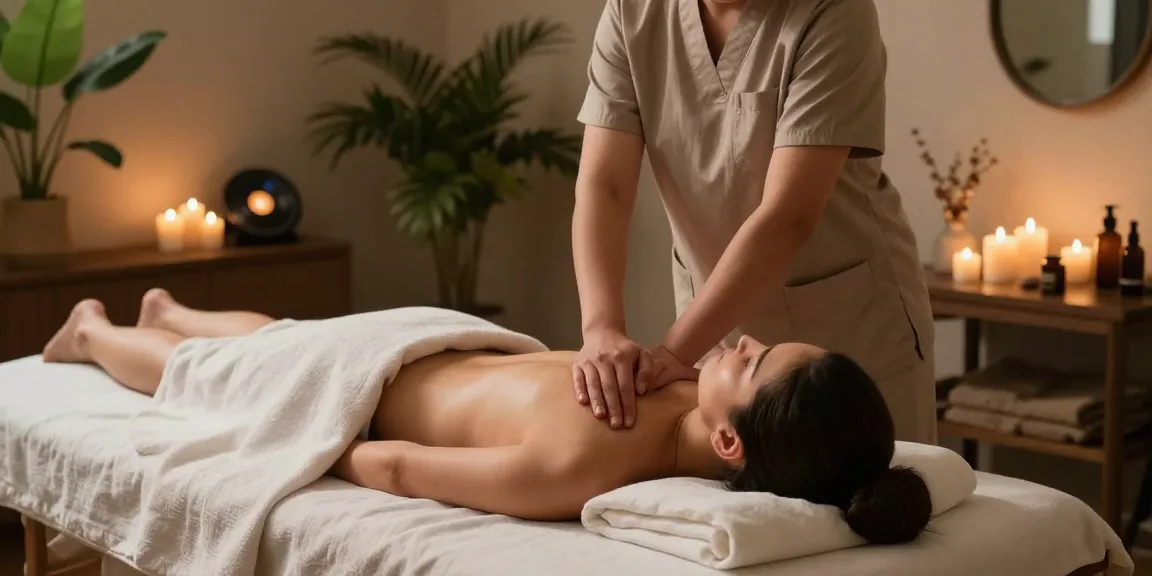 마사지 치료를 받는 고객과 편안한 분위기의 마사지 치료사