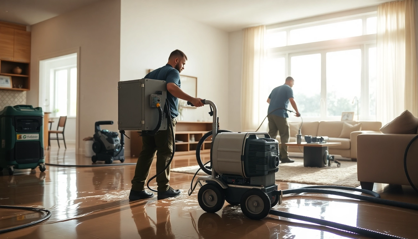 Expert water damage restoration team extracting water from a flooded home during cleanup.
