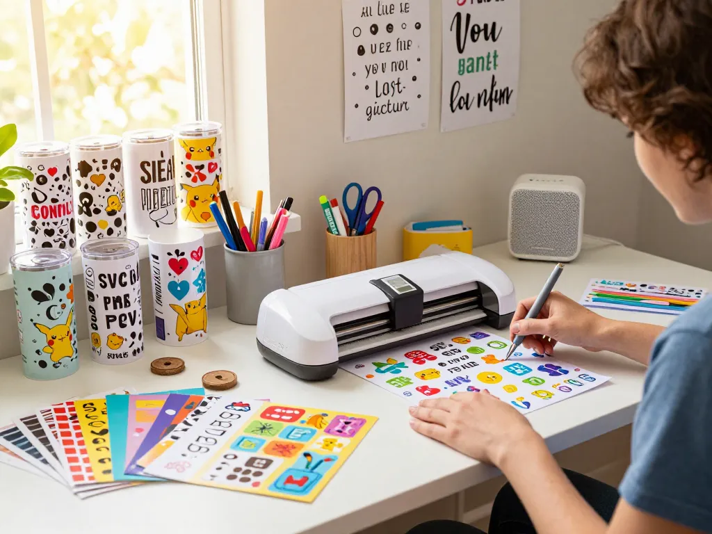 Crafting workspace showcasing cricut svg bundle with colorful designs and tools.
