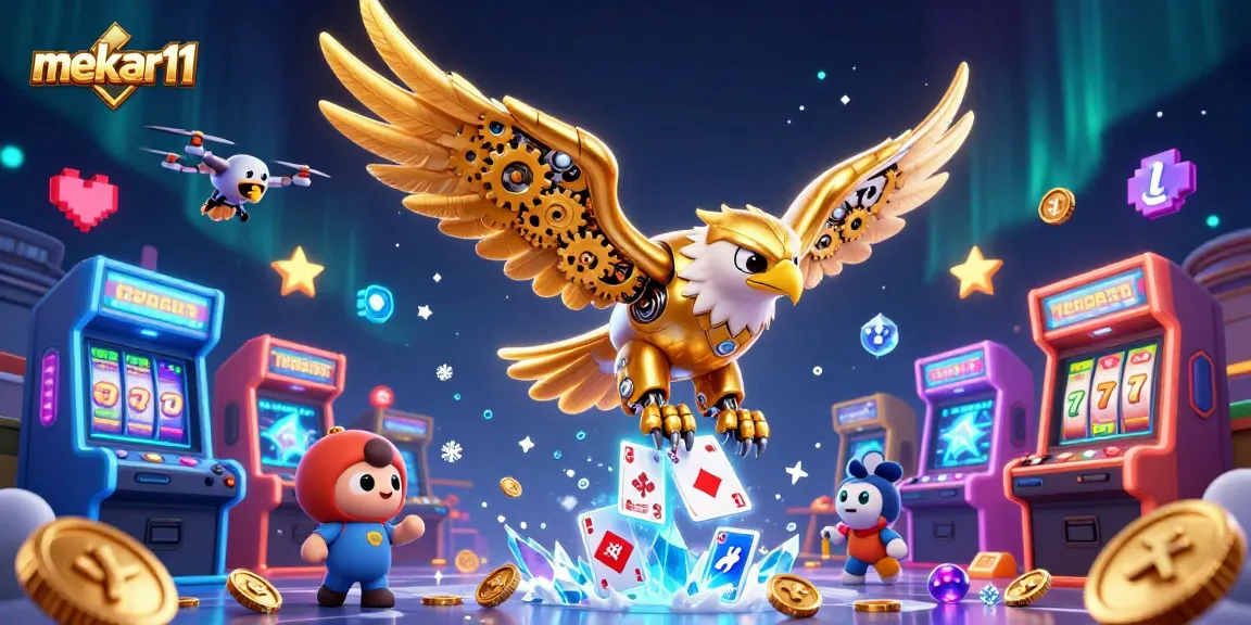 Engage in vibrant gameplay with mekar11, showcasing a cybernetic eagle amidst slot reels and playing cards.