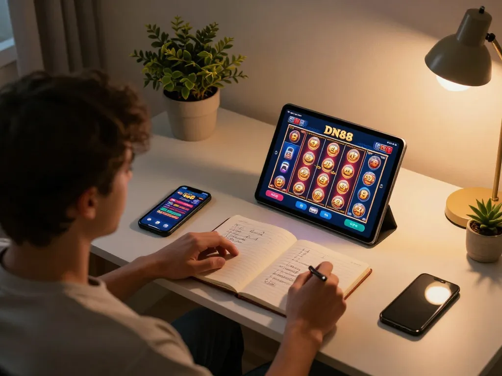 Player exploring the trang chủ dn88 online casino app on tablet with vibrant slot graphics.
