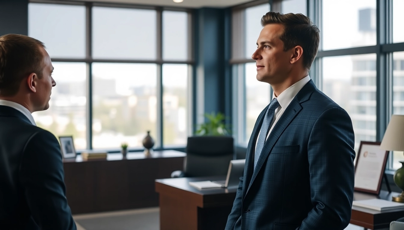 Engaging Orlando Personal Injury Lawyer consulting with a client in an upscale office.