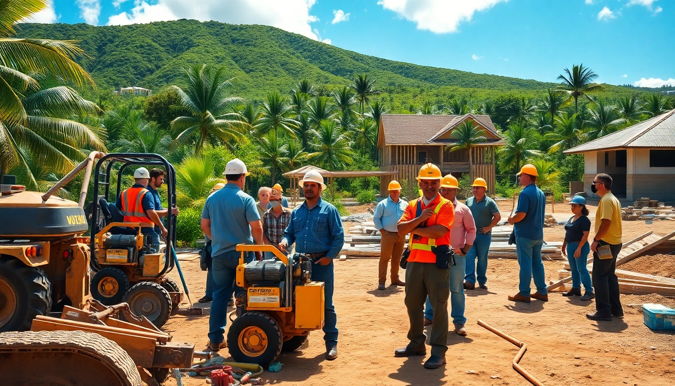 Hawaii construction association team working on a project amidst tropical scenery