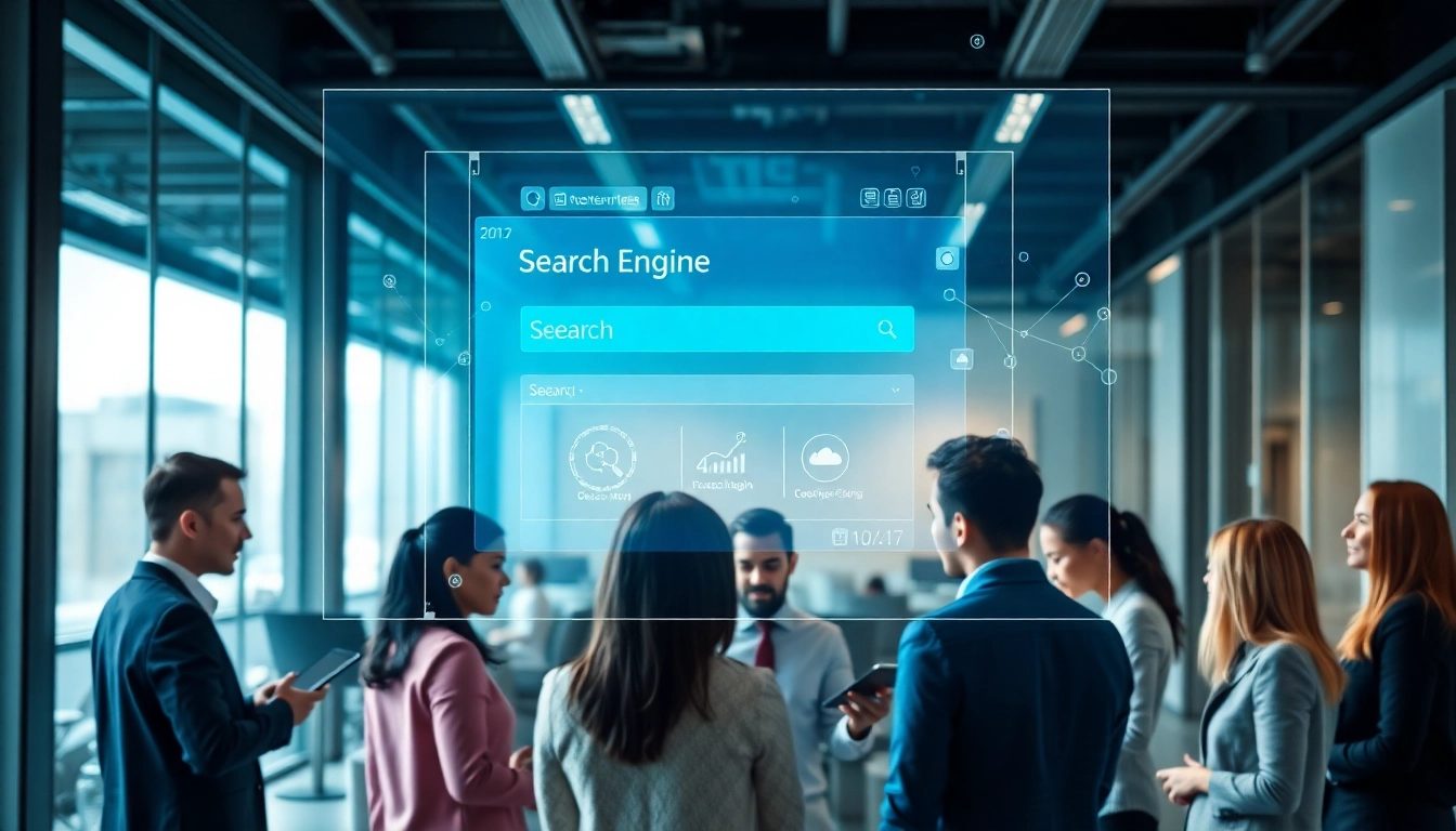 Showcasing the enterprise search engine interface, professionals collaborate in a modern tech workspace.