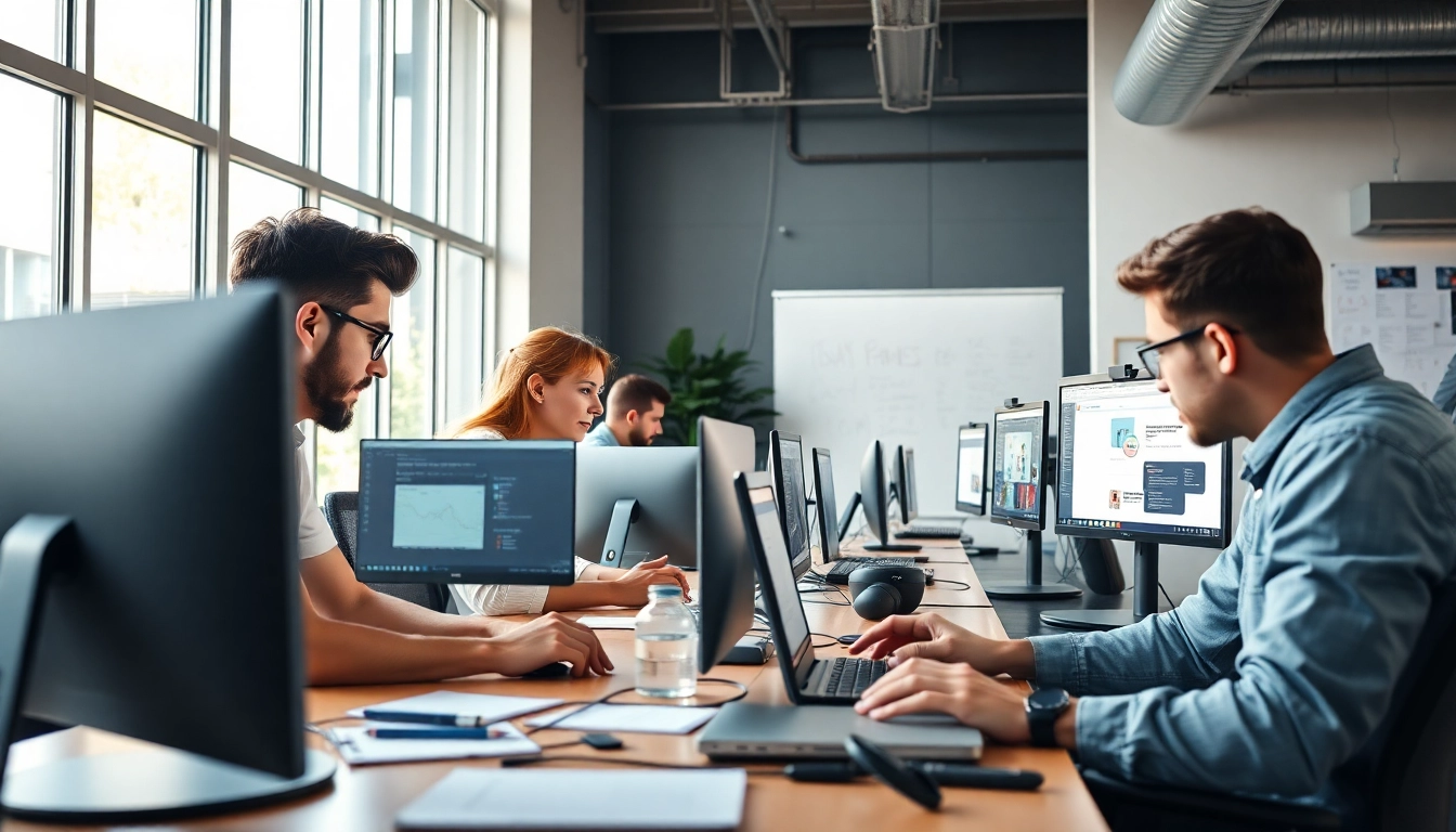 A vibrant scene showcasing a web development company team collaborating on projects.