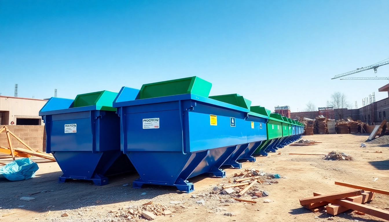 Efficient roll off bins at a busy construction site with vibrant colors.