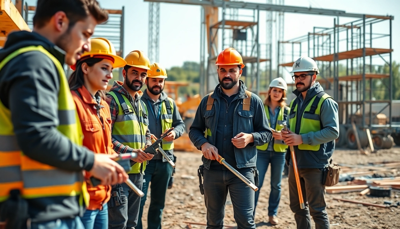 Construction workforce training program highlighting diverse workers with tools in a vibrant outdoor setting.