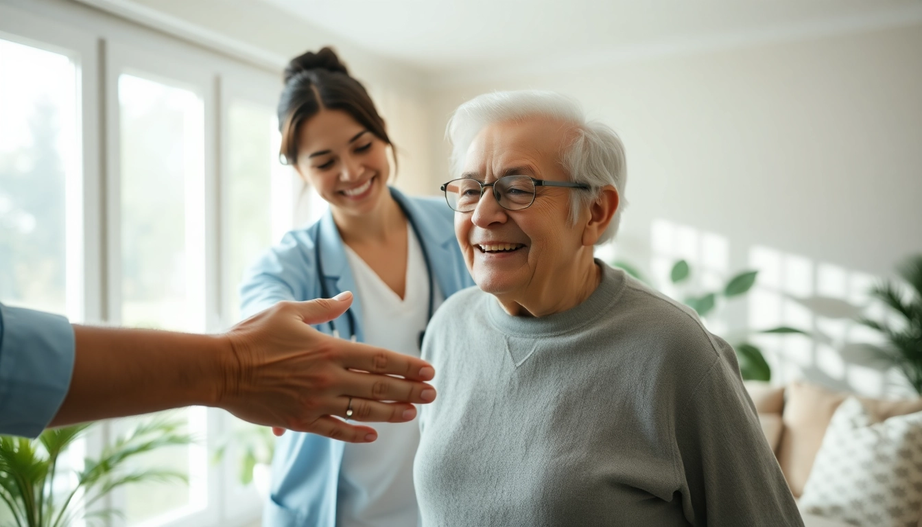 Caregiver providing in home senior care to a smiling elderly person in a cozy setting.