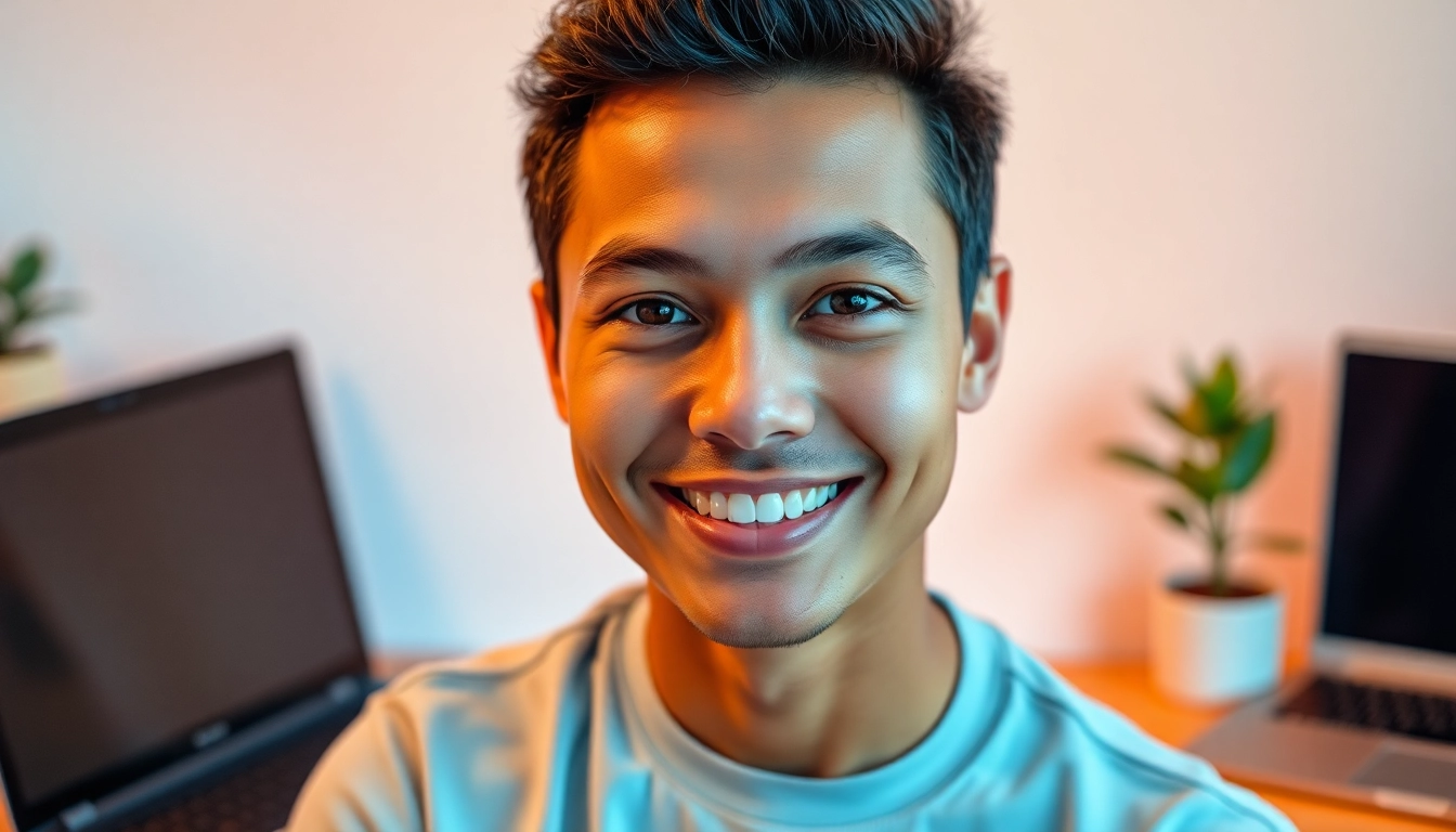 Vibrant whatsapp profile photo showcasing a smiling young adult with a soft gradient background.