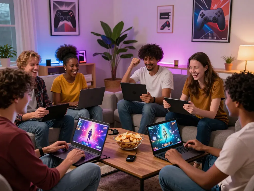Exciting group playing porn game online in a cozy living room atmosphere.