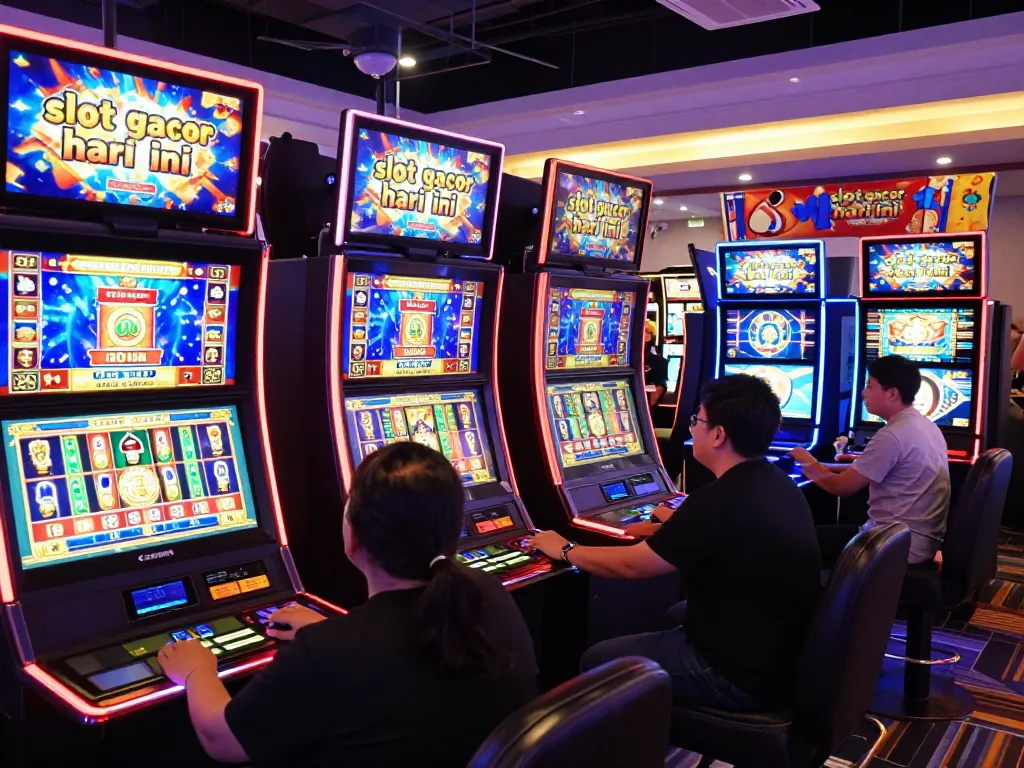 Gambaran menarik tentang permainan online yang menampilkan pemain menikmati slot gacor hari ini dengan mesin yang berwarna-warni dan suasana yang mengasyikkan.