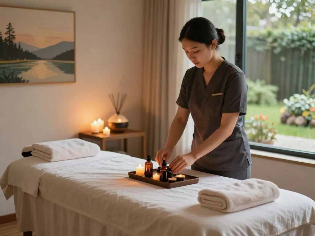 Experience soothing 인계동출장마사지 in a serene therapy room, featuring a prepared treatment table with calming elements.