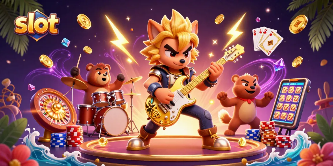 Spin the slot with colorful gems, golden coins, and lively characters in a vibrant casino scene.