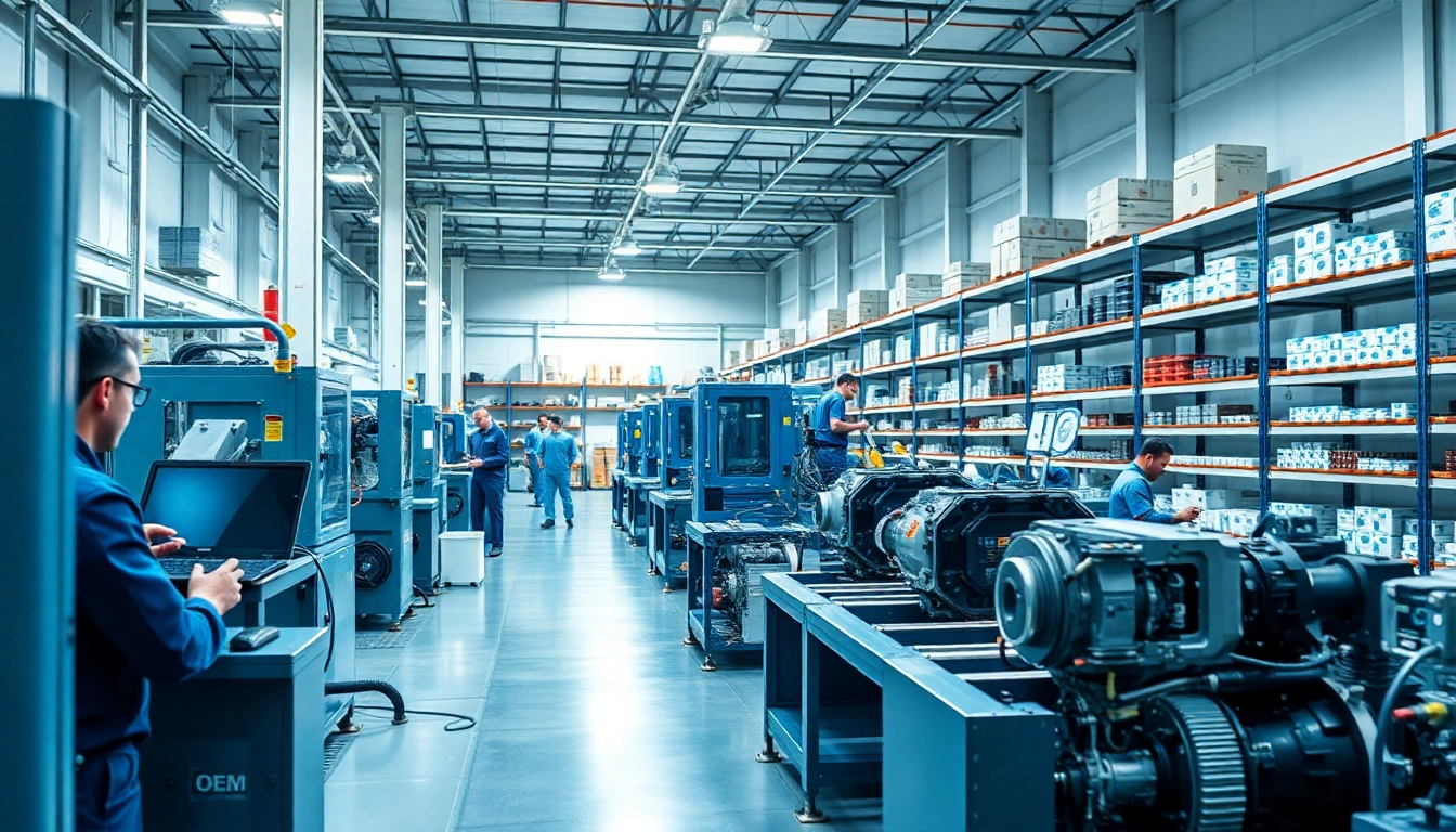 Showcasing an OEM production facility with advanced machinery and skilled technicians at work.